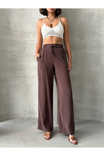 Miss Prova Wide Leg Draped Summer Pants with Waist Tie and Waist Elastic Misspnt2659
