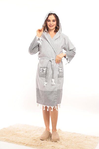 Lio20 Unisex Hürrem Tassel Model Μπάνιο-Πισίνα-Θάλασσα-Παραλία Βαμβακερό μπουρνούζι-Ανθρακί