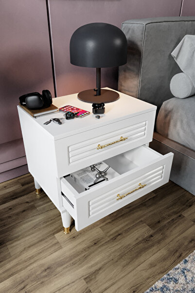 mapahomeliving Panjurlu 2 Çekmeceli Komodin PNJ5002 Beyaz Gold