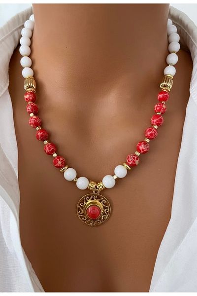 TARZ-I TAKI Natural Stone Red Varasite Stone Lace Gold Plated Pendant Design Women's Necklace Special Gift