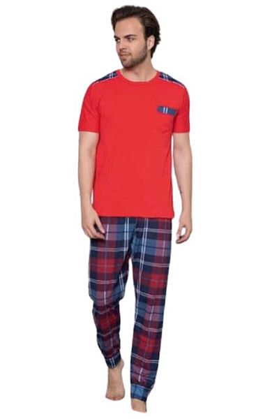 pamuklu - Men's pajamas, cotton, long pants, short-sleeve top with pocket, Red, 2XL