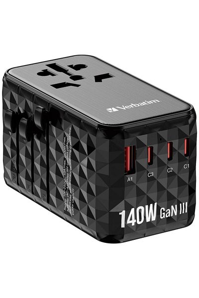 Verbatim Incarcator retea de calatorie universal Verbatim GaN3, 140 W, 3x USB Type-C, 1x USB-A QC 3.0 (Negru)