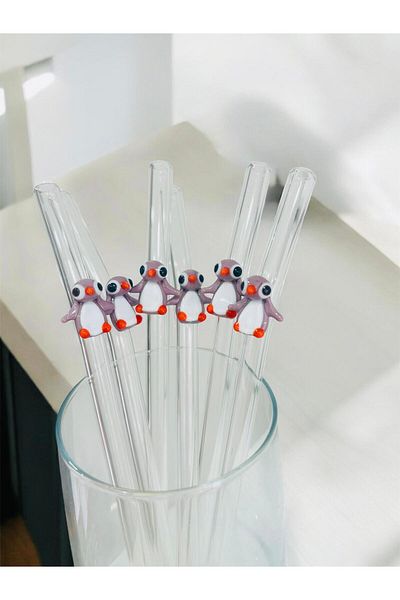 Arsglass Glass Straws Transparent Penguin Figured Set of 6 Straws