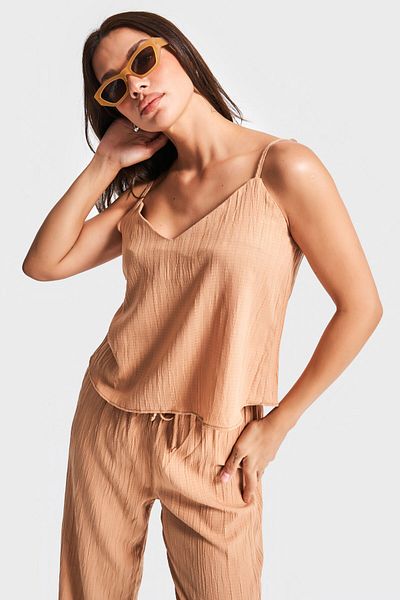 its basic Women's Brown Color S5-36 Relaxed Cut Summer Fabric Trousers Bustier 2-Piece Combination
