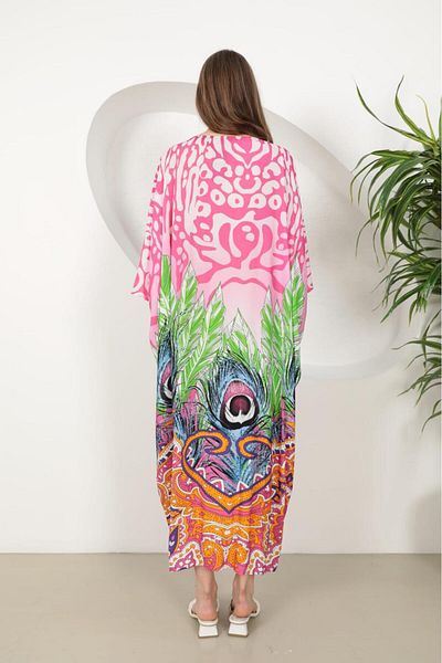 EL jadida Women's Plus Size Oversize Ring Detailed Viscose Long Dress Fuchsia