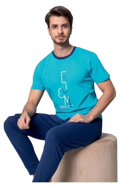 berfin Men's Pajamas, Cotton, Long Pants, Short Sleeve Shirt, Turquoise, M