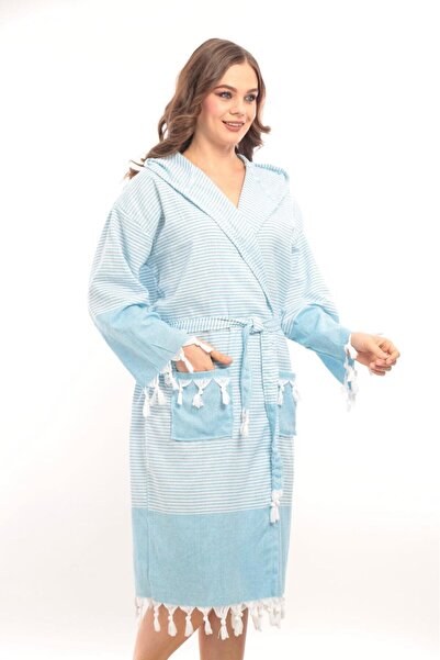Lio20 Unisex Hürrem Tassel Model Bathroom-Pool-Sea-Beach Cotton Bathrobe-Turquoise
