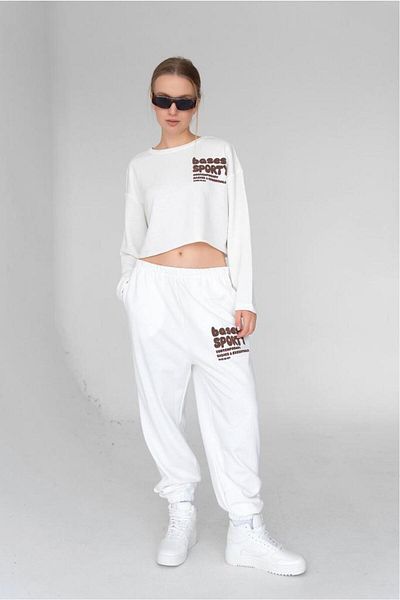 bases. Jogger de damă cu talie ecru imprimat elastic