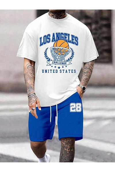 PENTHİLUS Men's Summer Casual Short Sleeve O Neck Letter Printed T-Shirt Lace-Up Waist Shorts