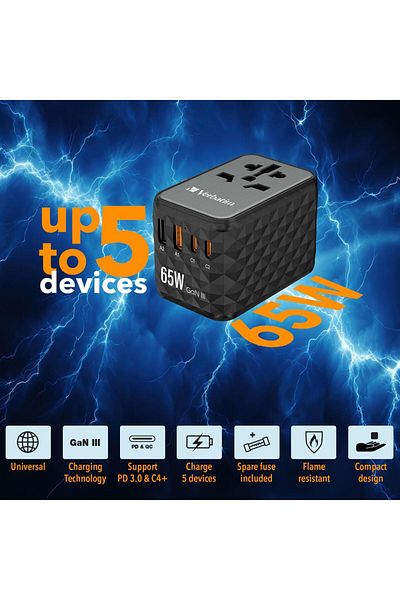 Verbatim Incarcator retea de calatorie universal Verbatim UTA-05, 65 W GaN3, 2 x USB-C PD & QC 4+ &