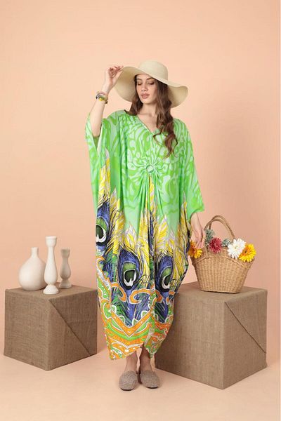 EL jadida Women's Plus Size Oversize Ring Detailed Viscose Long Dress Green