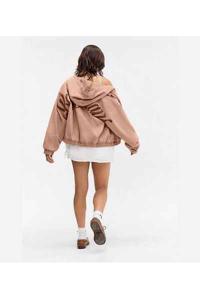 september island Pink Color Canvas Hooded Coat with Logo Embroidered on the Back