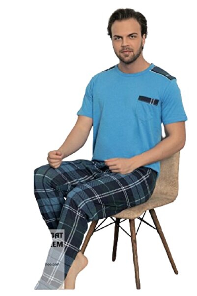 pamuklu Pijamale bărbătești, bumbac, pantaloni lungi, cămașă cu mânecă scurtă și buzunar, albastru, mărimea S