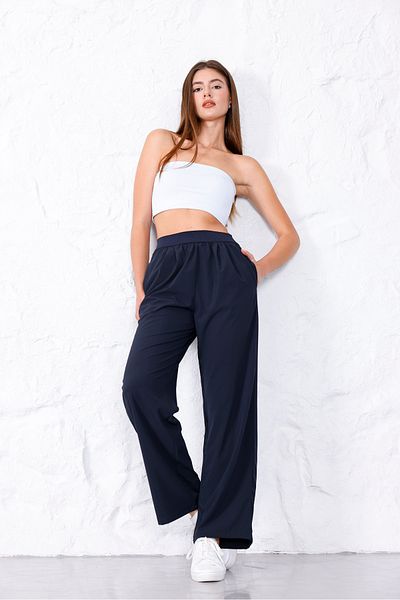 Piyera Women's Navy Blue Parachute Elastic Waist High Waist Pocket Lycra Woven Wide Leg Trousers - 3057