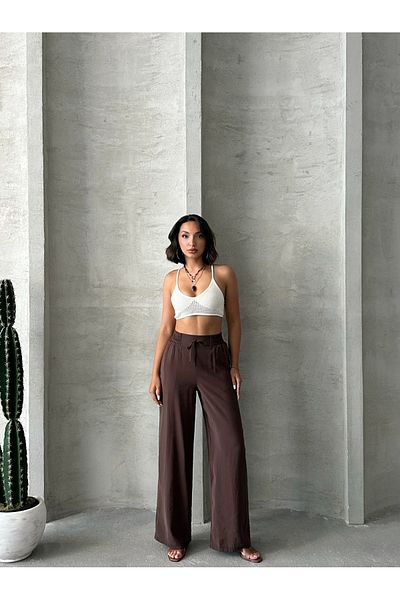 Miss Prova Wide Leg Draped Summer Pants with Waist Tie and Waist Elastic Misspnt2659