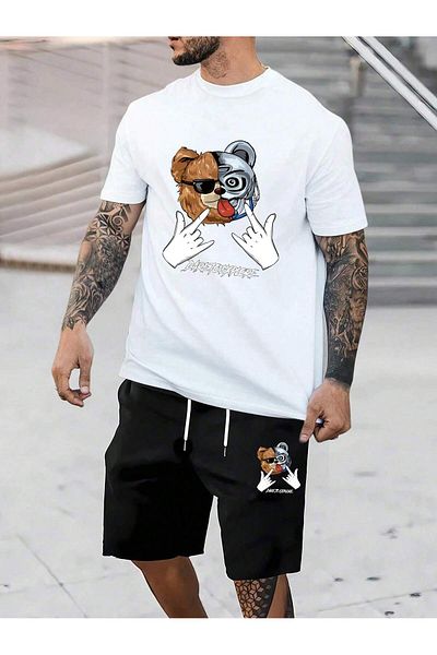 PENTHİLUS Men's T-Shirt and Shorts with Bear and Letter Graphics