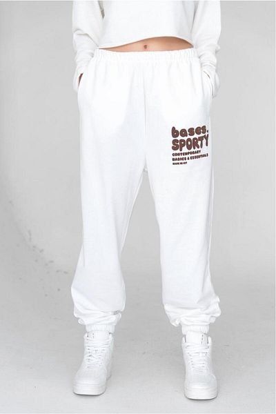 bases. Jogger de damă cu talie ecru imprimat elastic
