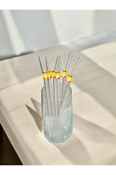 Arsglass Glass Straws Transparent Penguin Figured Set of 6 Straws