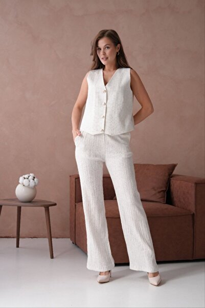 GALAVİP Women's New Season Linen Fabric Trousers Vest 2 Piece Set