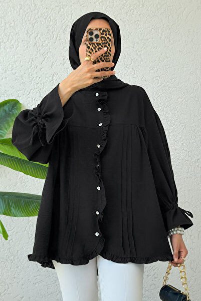 Salih Çelebi Nervürlü Fırfırlı Tunik 2322 - SİYAH