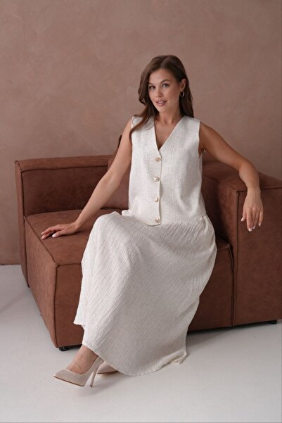 GALAVİP Women's New Season Linen Fabric Vest Skirt 2 Piece Set