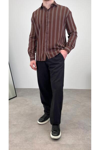 RIESGO İNCE ÇİZGİLİ OVERSİZE GÖMLEK KAHVERENGİ