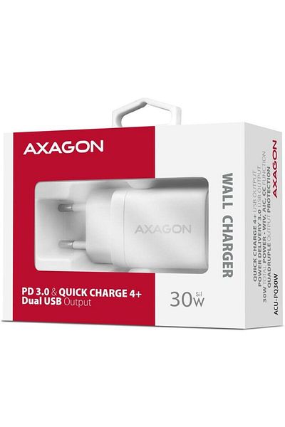 Axagon AXAGON ACU-PQ30W mains charger, PD 3.0, QC 4+, 1x USB-C, 1x USB-A, 30 W (White)