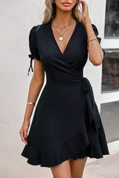 Mossta Double Breasted Collar Side Tie Crepe Dress - Black