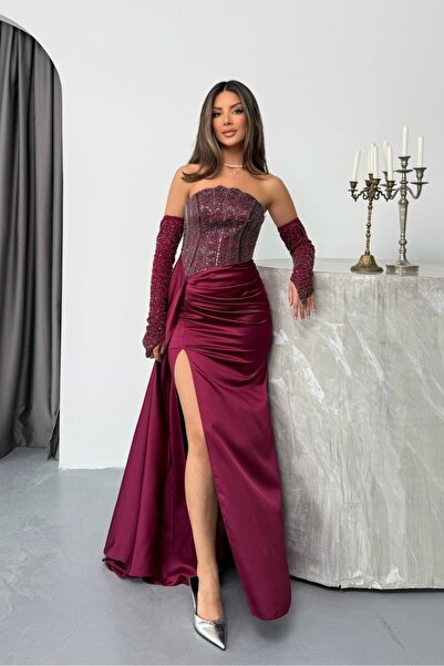 İyem Abiye Kol Ve Üst Detaylı Allerli Saten Şık Tasarım Abiye Elbise Tam Kalıp