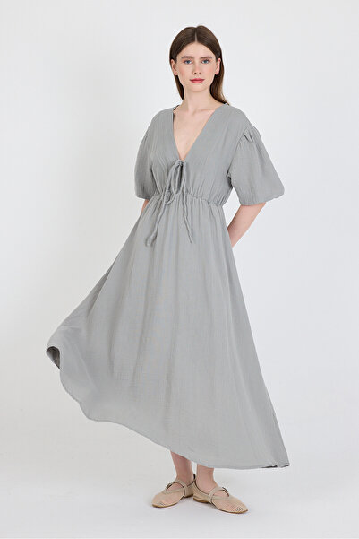 Rays Γκρι 100% βαμβακερό μπροστινό φόρεμα με λεπτομέρεια μίντι 4785A