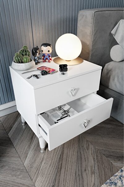 mapahomeliving Simple 2 Çekmeceli Komodin SMP5002 Beyaz Gümüş