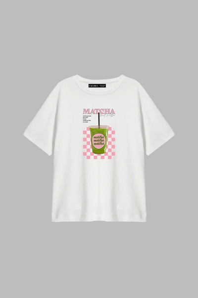 Bak Moda Tricou alb pentru femei cu imprimeu Matcha Iced Latte