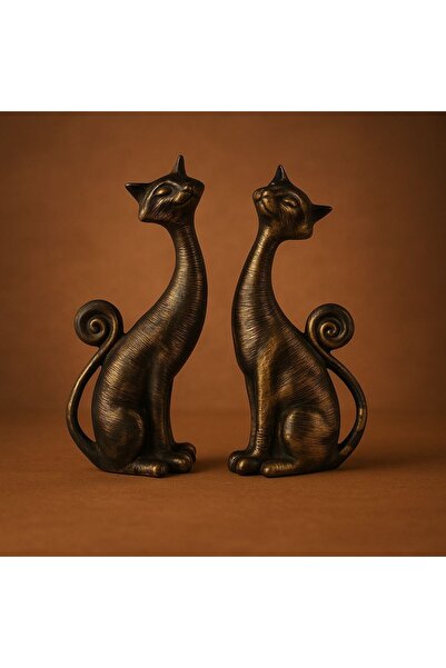 Doremcy 2’li Dekoratif Kedi Biblo Seti – Gold, Bronz, Gümüş, Krem RenkliPolyester Döküm Ev ve ofis