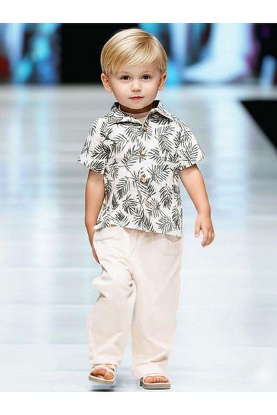 Zekids Baby Boy Patterned Shirt Linen Pants Set