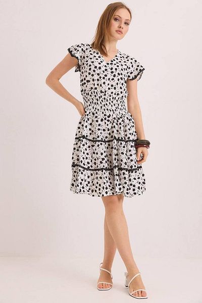 EL jadida Women's Patterned Plus Size Pompom Mini Dress White