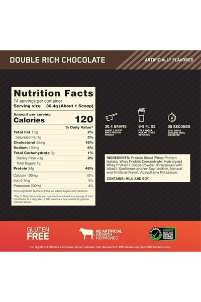 ON Optimum Nutrition Gold Standard 100% Whey Protein, 5 lbs, Double Rich Chocolate, 74 Servings