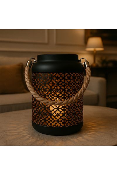 Arti Casa Decorative metal lantern with floral perforated pattern and rope handle, 17 cm, Arti Casa