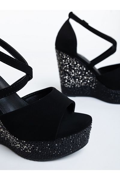 Kalapod Sandale dama cu platforma negre din material textil Adaera
