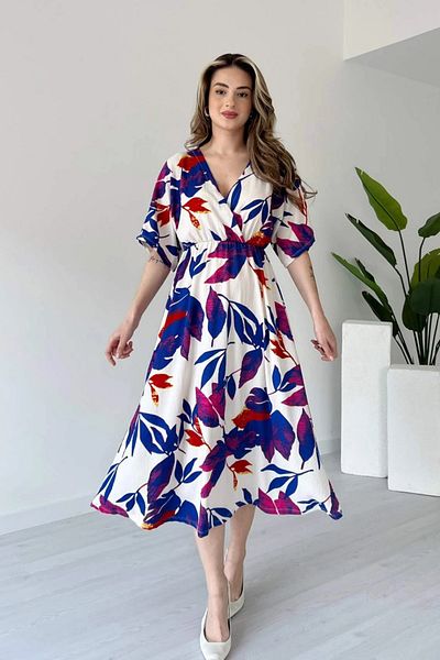 MOZENA Elastic Waist Floral Patterned Seersucker Fabric Midi Length Dress