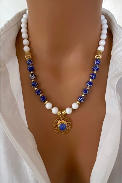 TARZ-I TAKI Natural Stone Navy Blue White Variscite Stone Gold Plated Lace De...