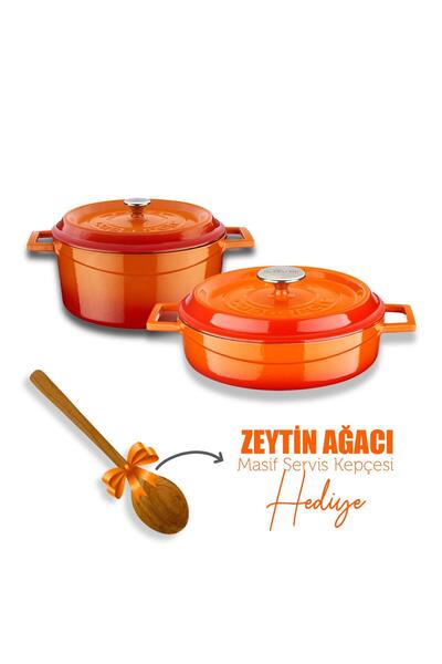 Organik Hayat Dostu Lava Casting Round Deep and Shallow 5 Piece Pot Set with Wooden Spoon Gift