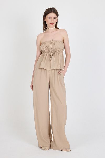 Rays Dark Stone Blue Strapless Blouse and Wide Leg Pants Two-Piece Set 5236