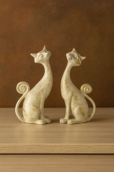 Doremcy 2’li Dekoratif Kedi Biblo Seti – Gold, Bronz, Gümüş, Krem RenkliPolyester Döküm Ev ve ofis