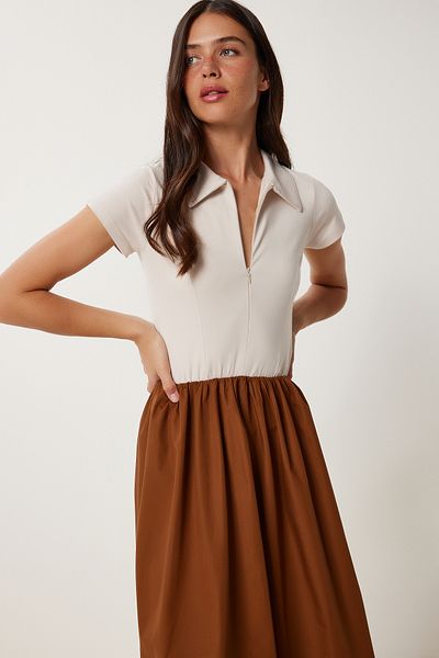 Lovelyİstanbul Stretch Knitted Top with Poplin Skirt Dress Taba Cream Lfn0099