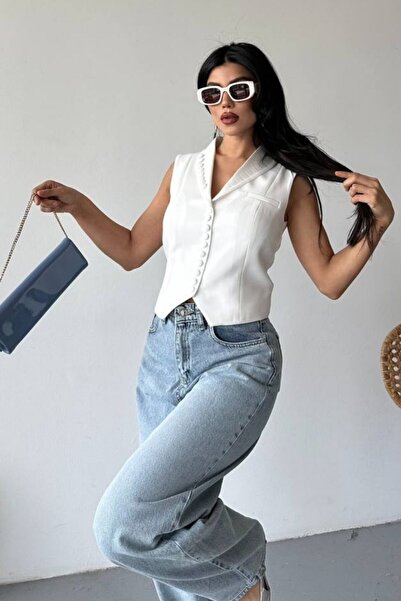 spirituel Γυναικείο γιλέκο Κοντό κομψό κουμπί Λεπτομερές μπουφάν γιακά Αμάνικο γιλέκο