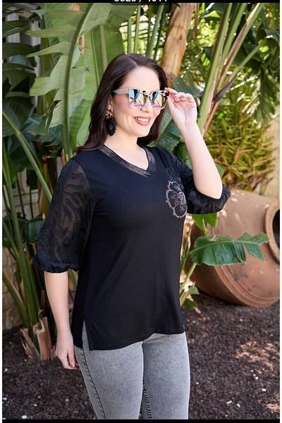 PARKDERİN Plus Size, Soft Textured, Stone Detail, Combed Cotton Fabric Bluz
