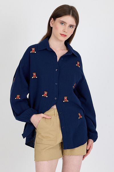 Rays Cămașă brodată cu ursuleț de pluș 100% bumbac aspect Laci Linen 4798A