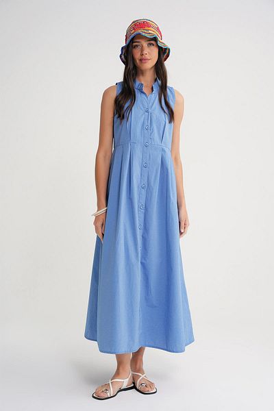 Mixray 4702 Women's Pleated Shirt Dress Blue