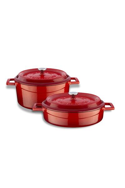 Organik Hayat Dostu Lava Casting Round Deep and Shallow 5 Piece Pot Set with Wooden Spoon Gift