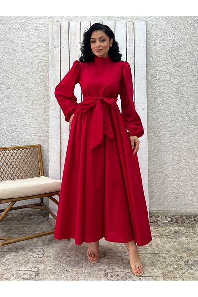 KÜÇÜĞÜM BUTİK Hijab Red Big Bow Poplin Flared Dress